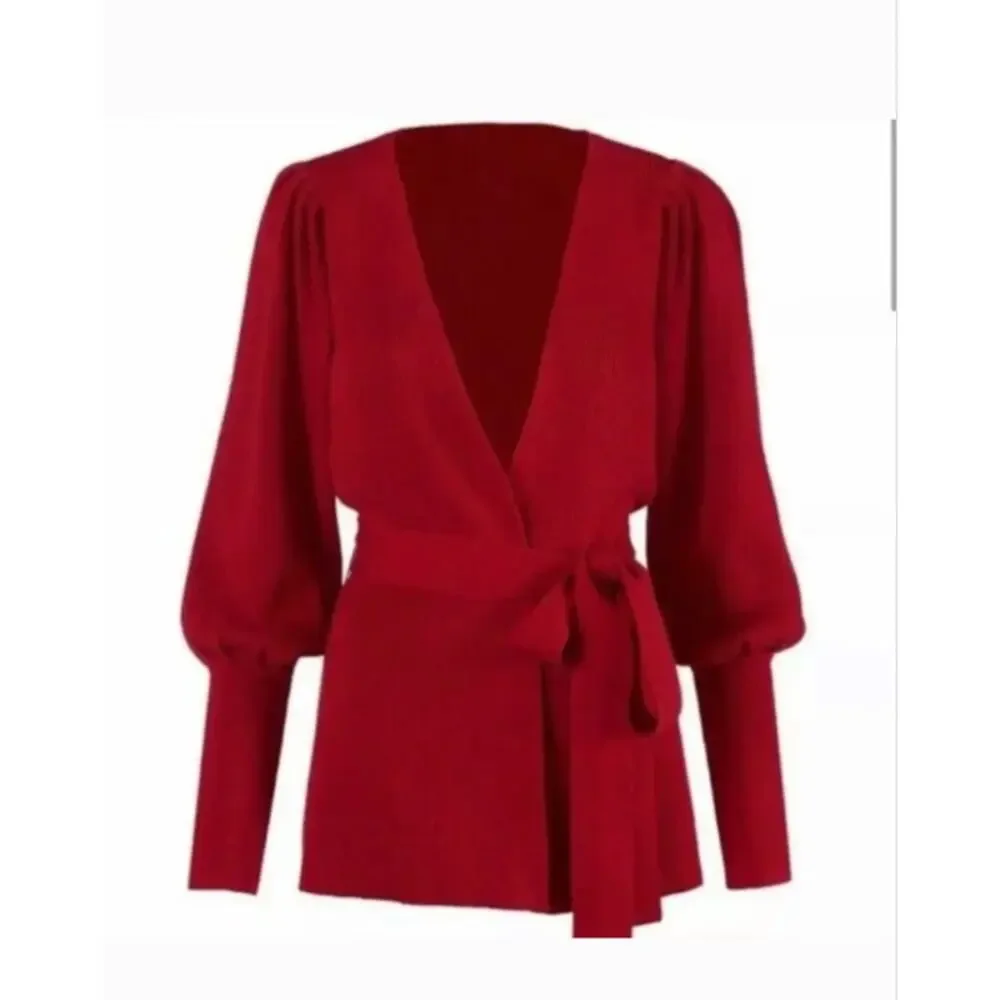 Cabi Gala Cardigan M Red Ribbed Belted Puff Sleeve Wrap Sweater 100 Cotton 5634